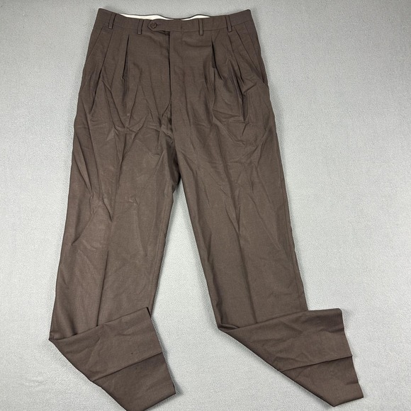 Canali Dress Pants Mens 34 Brown Wool Pleated Cuffed Made in Italy Trousers - Picture 1 of 9